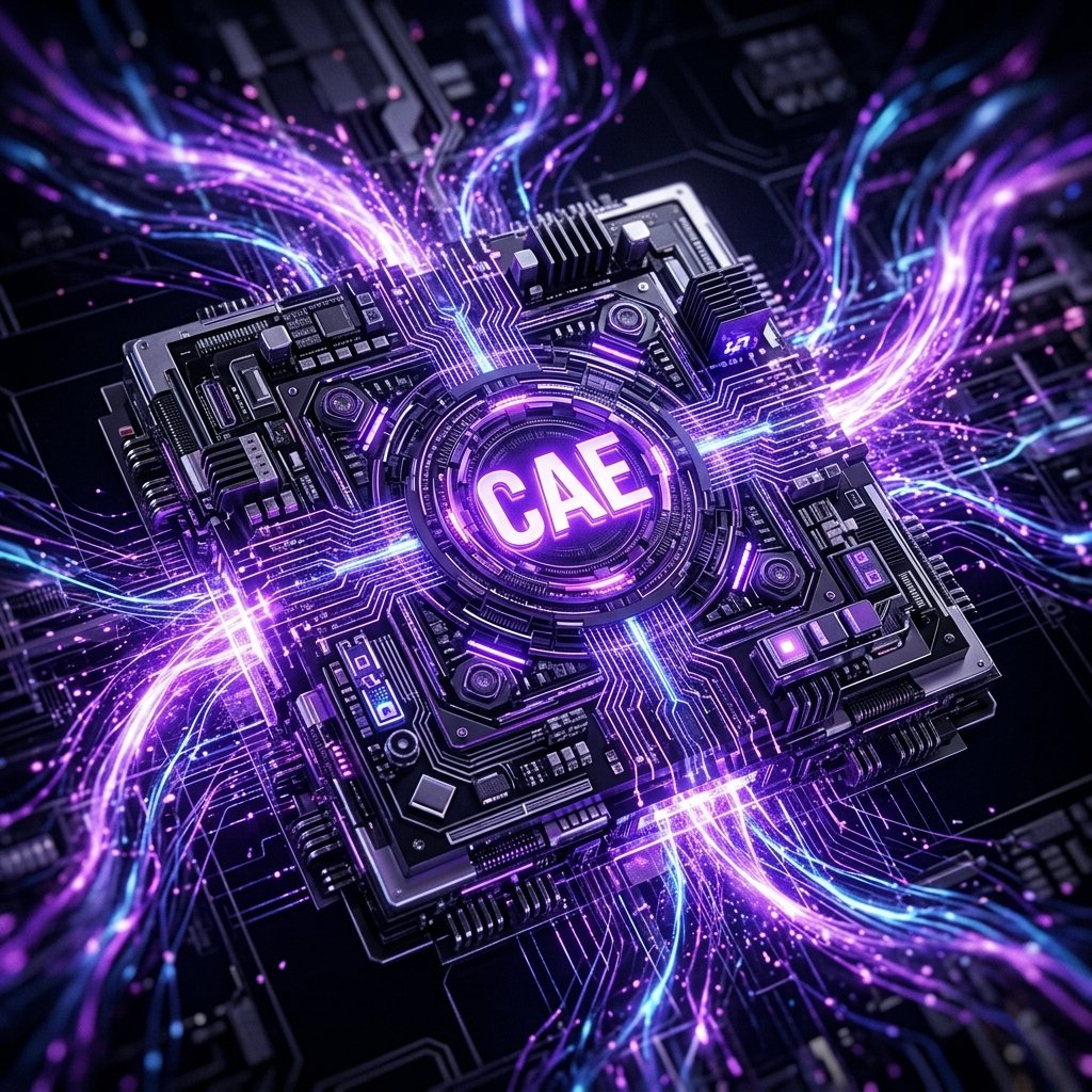 Microchip futurista con logotipo CAE y circuitos luminosos violeta