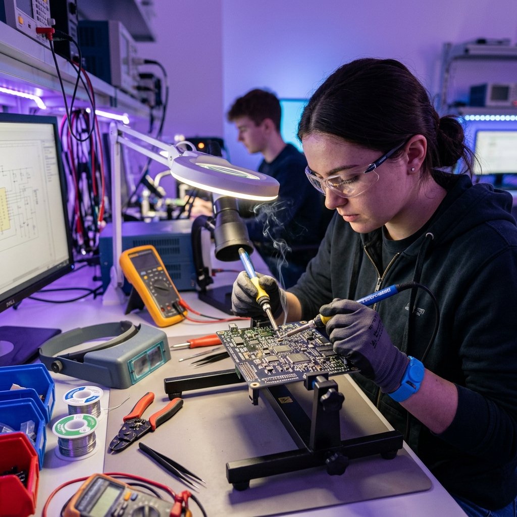 Estudiante soldando placa electrónica en laboratorio
